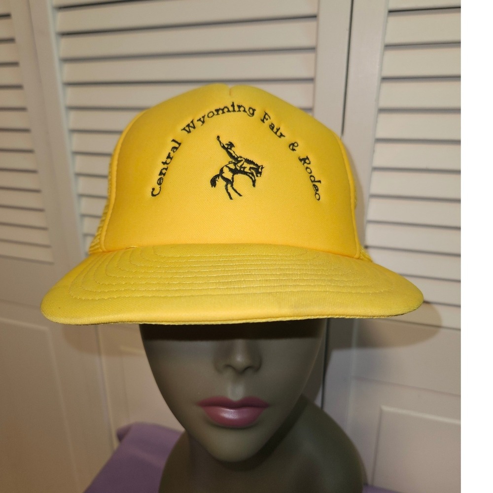 Vintage Central Wyoming Fair Rodeo Trucker Hat Yellow Snapback Bronco Graphic